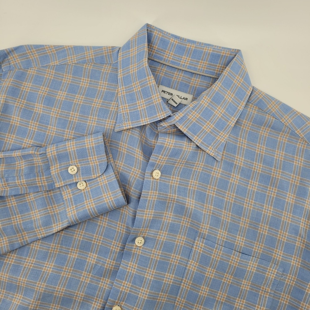 Peter Millar‎ Mens Medium Plaid Button Down Shirt Long Sleeve Blue Tan Cotton